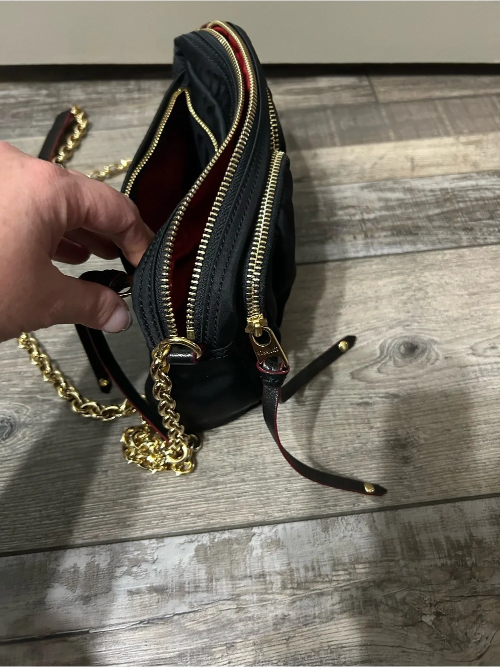 MZ Wallace Penny Bedford Crossbody Black red Nylon Gold Chain Bag